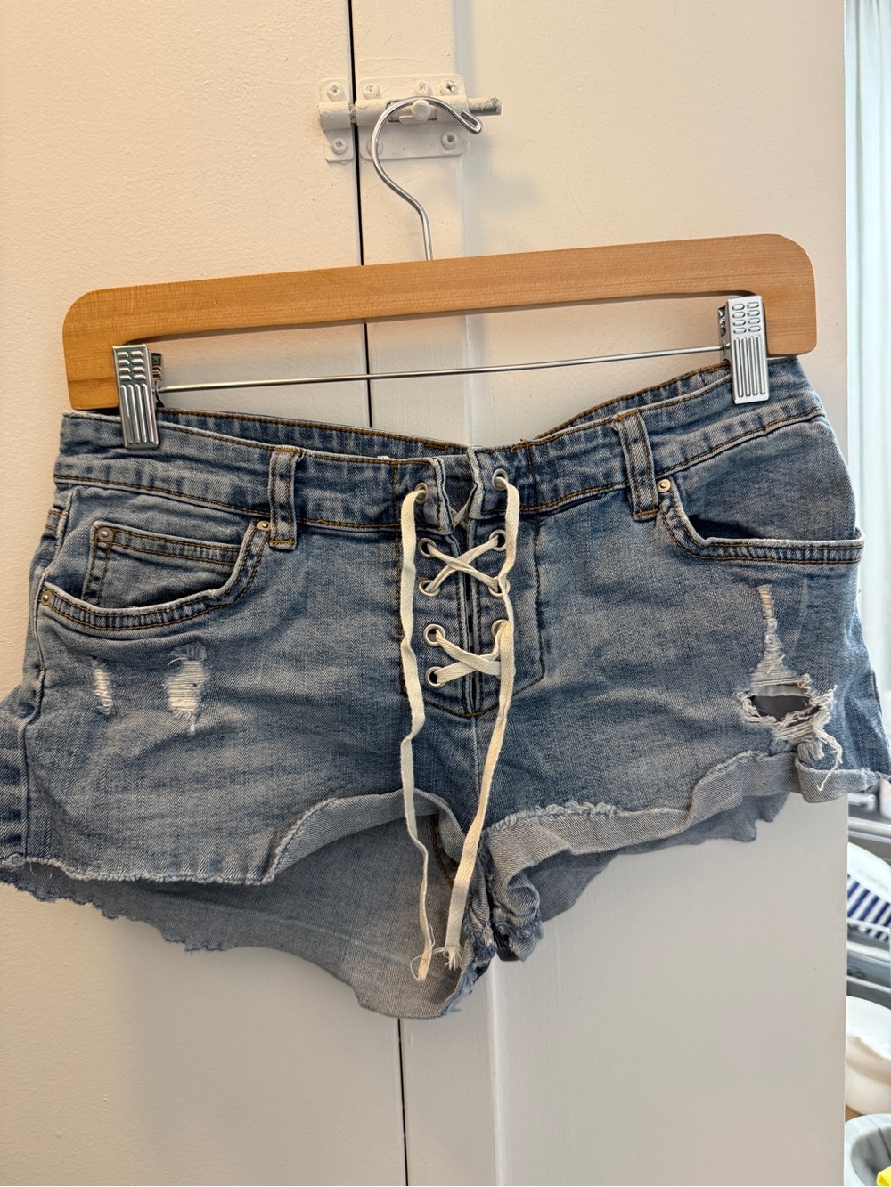 Billabong Lace-Up Distressed Denim Shorts - Blue